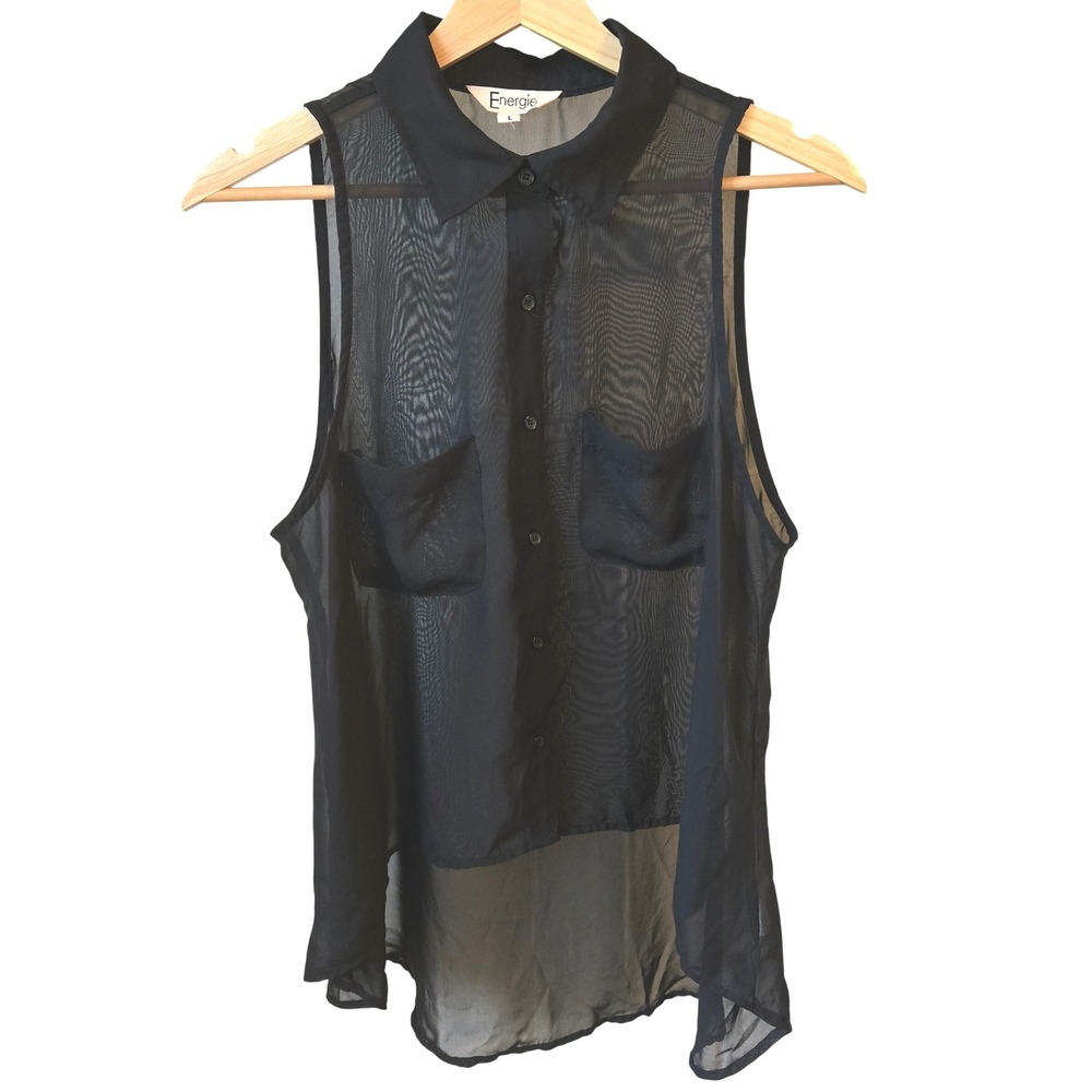 Energie Y2K Black Sleeveless Sheer Button Up Shirt Top Womens Lg Goth 90s Grunge